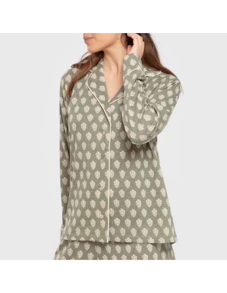 Pijama largo camisero algodón mujer Soma verde seco pijamas-largos-de-mujer