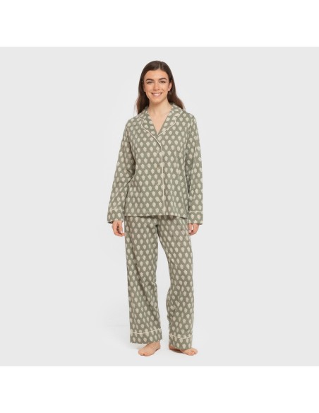 Pijama largo camisero algodón mujer Soma verde seco pijamas-largos-de-mujer