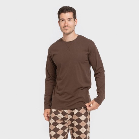 Pijama largo algodón hombre Olmo marrón oscuro mezcliyado pijamas-largos-hombre