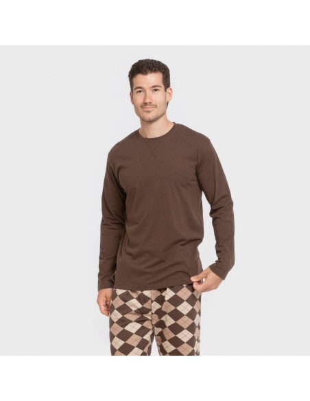 Pijama largo algodón hombre Olmo marrón oscuro mezcliyado pijamas-largos-hombre