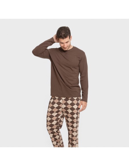 Pijama largo algodón hombre Olmo marrón oscuro mezcliyado pijamas-largos-hombre