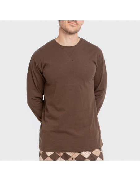 Pijama largo algodón hombre Olmo marrón oscuro mezcliyado pijamas-largos-hombre