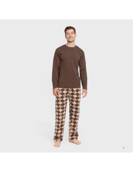 Pijama largo algodón hombre Olmo marrón oscuro mezcliyado pijamas-largos-hombre