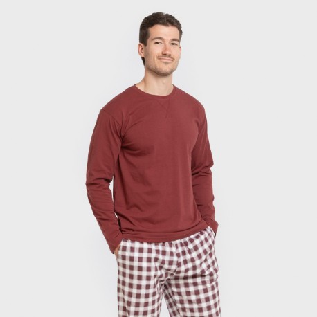 Pijama largo algodón hombre Cuadro Gustavo burdeos pijamas-largos-hombre