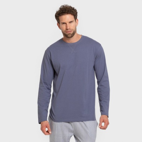 Pijama largo algodón hombre Cuadro Saul azul pijamas-largos-hombre