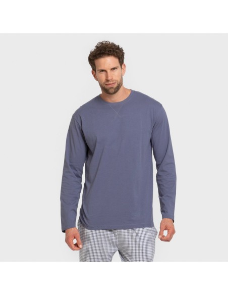 Pijama largo algodón hombre Cuadro Saul azul pijamas-largos-hombre