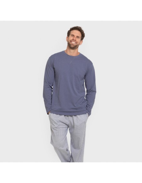 Pijama largo algodón hombre Cuadro Saul azul pijamas-largos-hombre