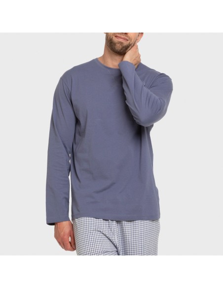 Pijama largo algodón hombre Cuadro Saul azul pijamas-largos-hombre