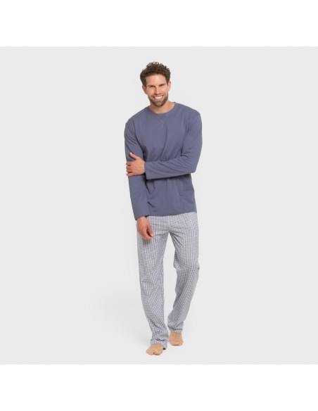 Pijama largo algodón hombre Cuadro Saul azul pijamas-largos-hombre