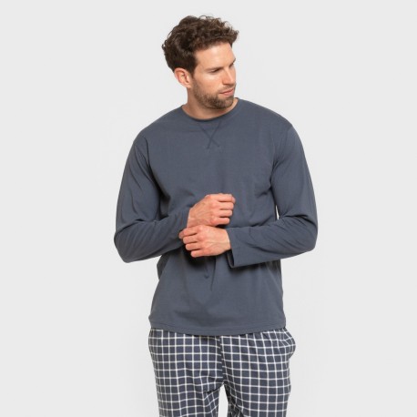 Pijama largo algodón hombre Cuadro Roberto azul pijamas-largos-hombre