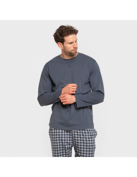 Pijama largo algodón hombre Cuadro Roberto azul pijamas-largos-hombre