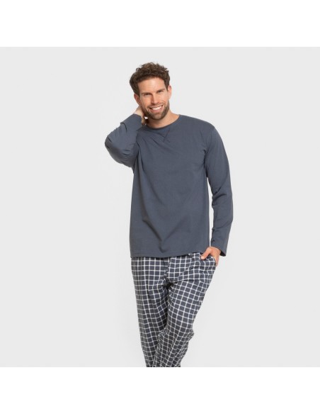 Pijama largo algodón hombre Cuadro Roberto azul pijamas-largos-hombre