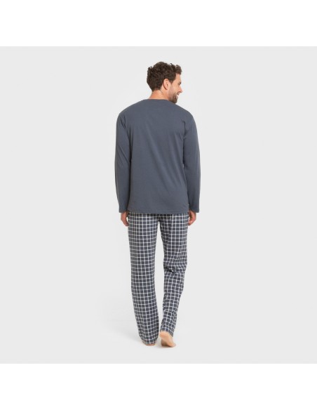 Pijama largo algodón hombre Cuadro Roberto azul pijamas-largos-hombre