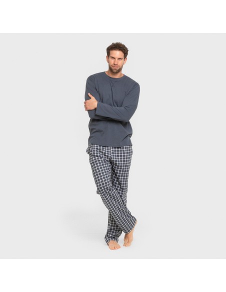 Pijama largo algodón hombre Cuadro Roberto azul pijamas-largos-hombre