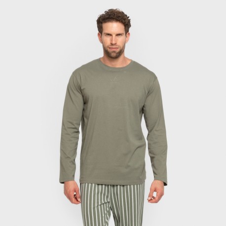 Pijama largo algodón hombre Raya Albert verde caceria pijamas-largos-hombre