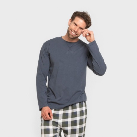Pijama largo algodón hombre Cuadro Ferni azul marino pijamas-largos-hombre