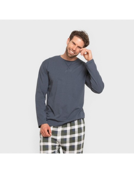 Pijama largo algodón hombre Cuadro Ferni azul marino pijamas-largos-hombre
