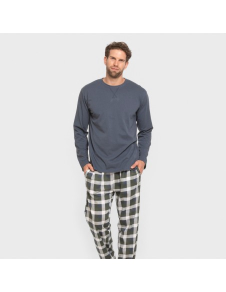 Pijama largo algodón hombre Cuadro Ferni azul marino pijamas-largos-hombre