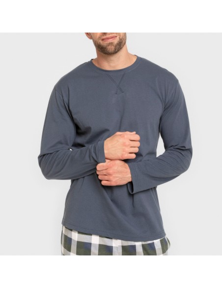 Pijama largo algodón hombre Cuadro Ferni azul marino pijamas-largos-hombre