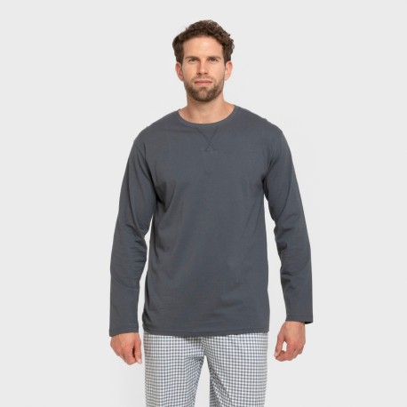Pijama largo algodón hombre Cuadro Edmund azul pijamas-largos-hombre