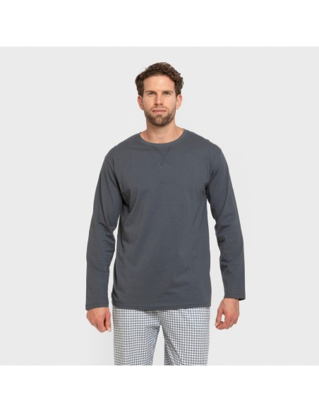 Pijama largo algodón hombre Cuadro Edmund azul pijamas-largos-hombre
