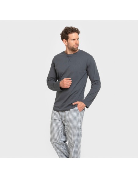 Pijama largo algodón hombre Cuadro Edmund azul pijamas-largos-hombre