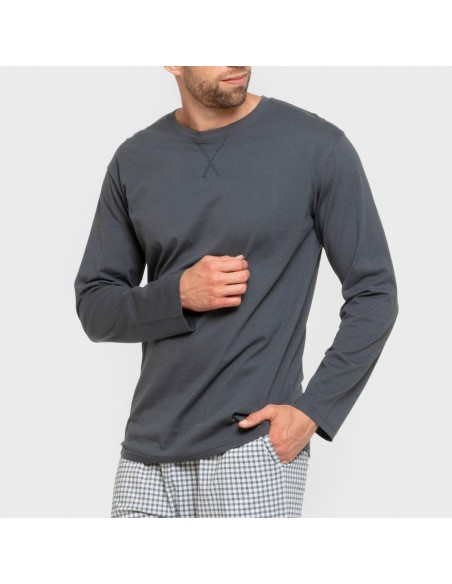 Pijama largo algodón hombre Cuadro Edmund azul pijamas-largos-hombre