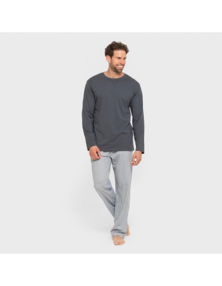Pijama largo algodón hombre Cuadro Edmund azul pijamas-largos-hombre