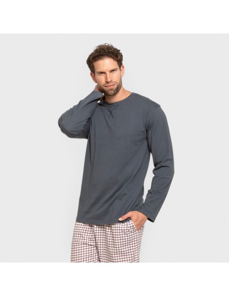 Pijama largo algodón hombre Cuadro Michael azul pijamas-largos-hombre