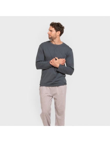 Pijama largo algodón hombre Cuadro Michael azul pijamas-largos-hombre