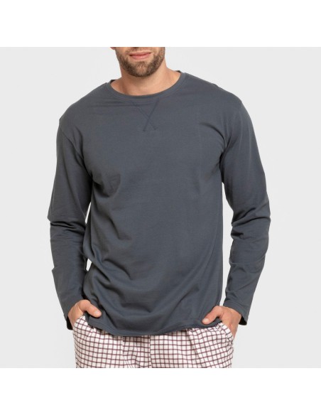 Pijama largo algodón hombre Cuadro Michael azul pijamas-largos-hombre