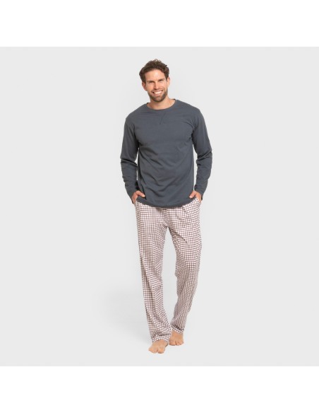 Pijama largo algodón hombre Cuadro Michael azul pijamas-largos-hombre