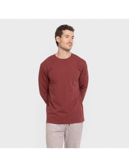 Pijama largo algodón hombre Cuadro Michael burdeos pijamas-largos-hombre