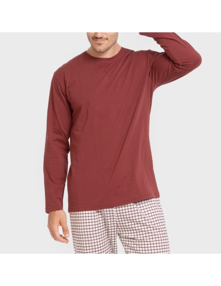 Pijama largo algodón hombre Cuadro Michael burdeos pijamas-largos-hombre