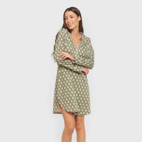 Camisón manga larga camisero algodón Soma verde seco vestidos-y-blusones-mujer