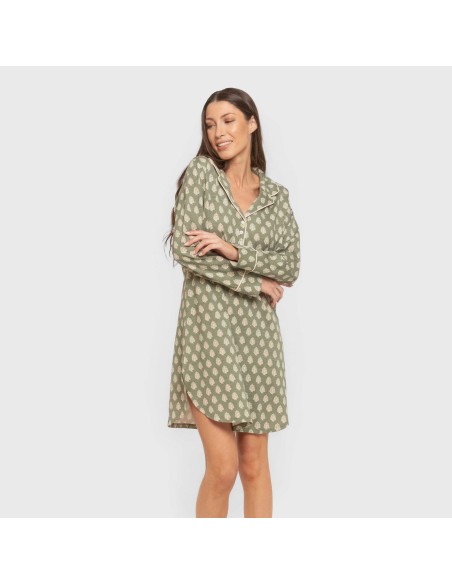 Camisón manga larga camisero algodón Soma verde seco vestidos-y-blusones-mujer