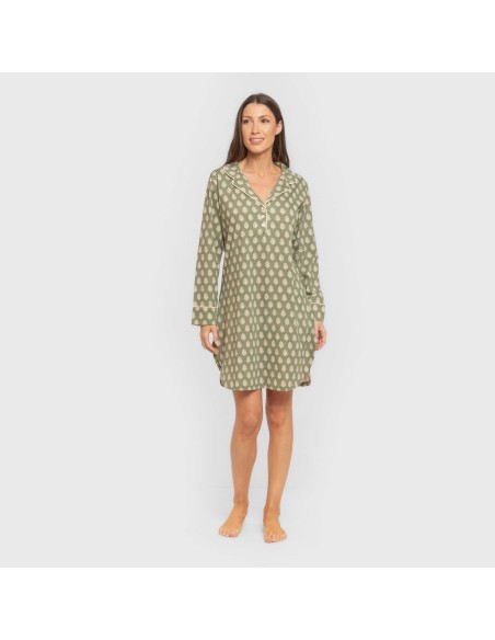 Camisón manga larga camisero algodón Soma verde seco vestidos-y-blusones-mujer