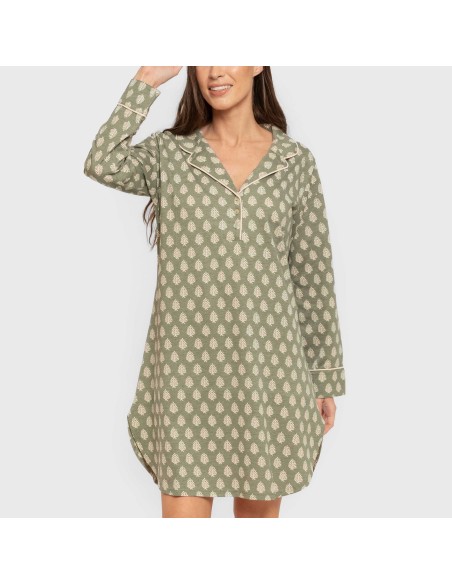 Camisón manga larga camisero algodón Soma verde seco vestidos-y-blusones-mujer