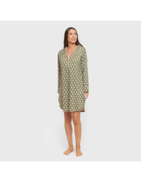 Camisón manga larga camisero algodón Soma verde seco vestidos-y-blusones-mujer