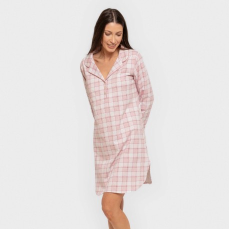 Camisón manga larga camisero algodón Cuadro Moni rosa vestidos-y-blusones-mujer