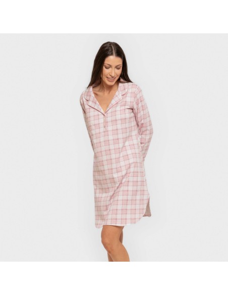 Camisón manga larga camisero algodón Cuadro Moni rosa vestidos-y-blusones-mujer