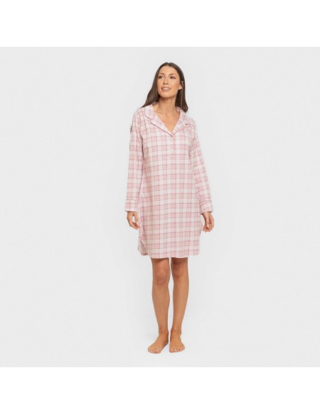 Camisón manga larga camisero algodón Cuadro Moni rosa vestidos-y-blusones-mujer