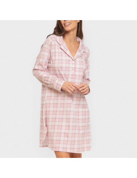 Camisón manga larga camisero algodón Cuadro Moni rosa vestidos-y-blusones-mujer