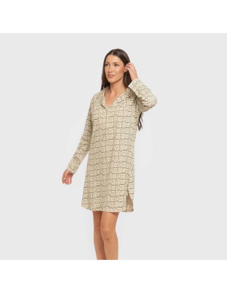 Camisón manga larga camisero algodón Matilde verde caceria vestidos-y-blusones-mujer