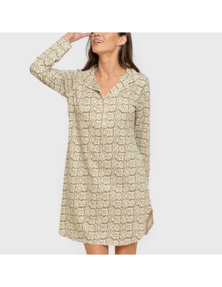Camisón manga larga camisero algodón Matilde verde caceria vestidos-y-blusones-mujer
