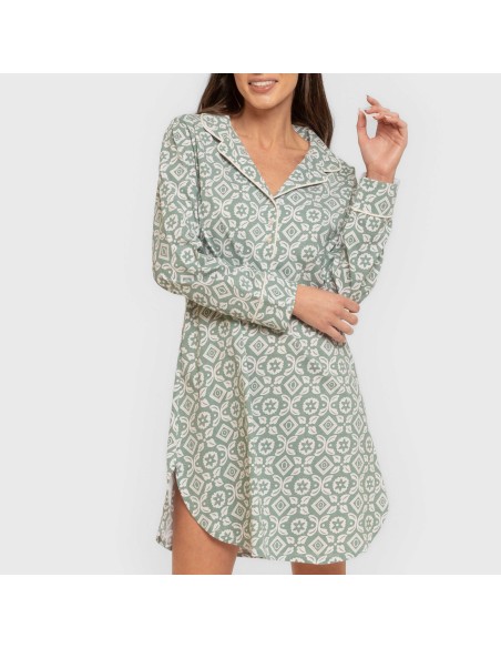 Camisón manga larga camisero algodón Eugenia verde keike vestidos-y-blusones-mujer