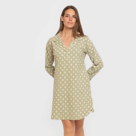 Camisón manga larga camisero algodón  Erati verde cacería vestidos-y-blusones-mujer