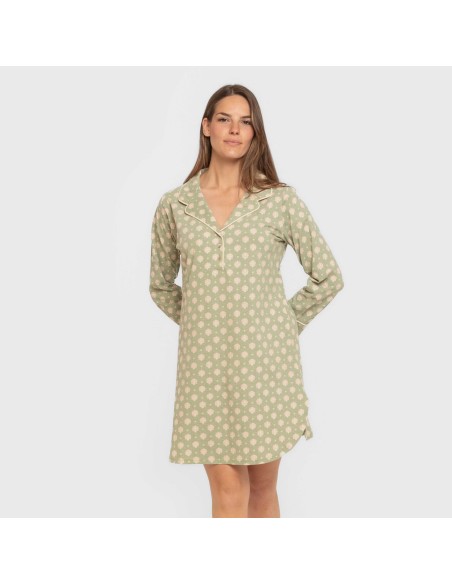 Camisón manga larga camisero algodón  Erati verde cacería vestidos-y-blusones-mujer