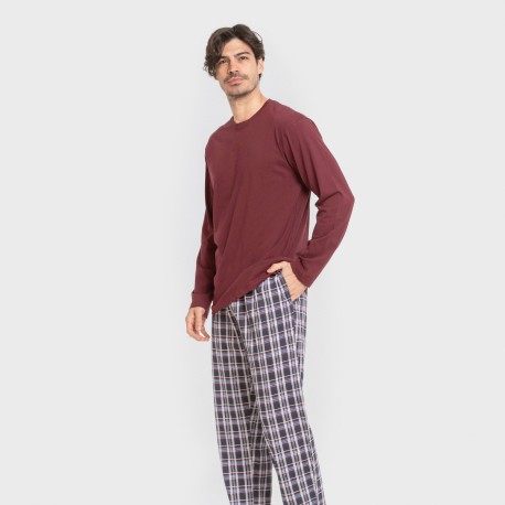 Pijama largo algodón hombre Cuadro Edison burdeos pijamas-largos-hombre