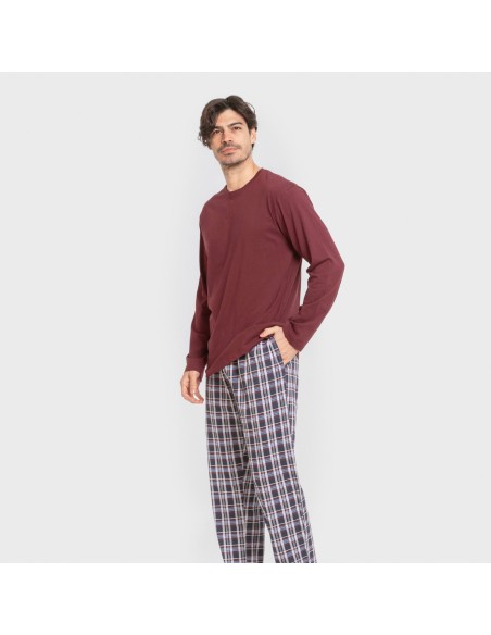 Pijama largo algodón hombre Cuadro Edison burdeos pijamas-largos-hombre